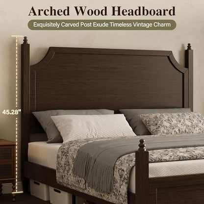 Wood Queen Size Bed Frame with Vintage Curved Headboard, Walnut, view 6