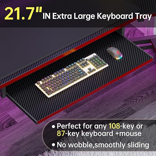 79" Gaming Desk, Computer Desk with 2 Fabric Drawers & LED Light, L Shaped Gaming Desk with Storage Shelf for Home Office, Carbon Fiber Black&Red