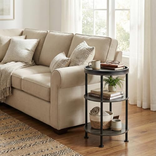 Small Round Side Table, Rustic Grey End Table with Tray Top, 3-Tier Greige Nightstand for Living Room & Bedroom, 11.8" Narrow Corner Table, 21.7" H Industrial Accent Furniture for Small Spaces, Grey