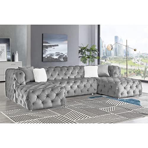 U-Shaped Modular Sofa Grey Velvet Fabric Living Room Furniture