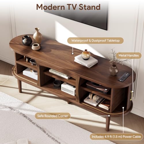 58" Fluted TV Stand, Mid Century Modern Entertainment Center, Walnut, view 6