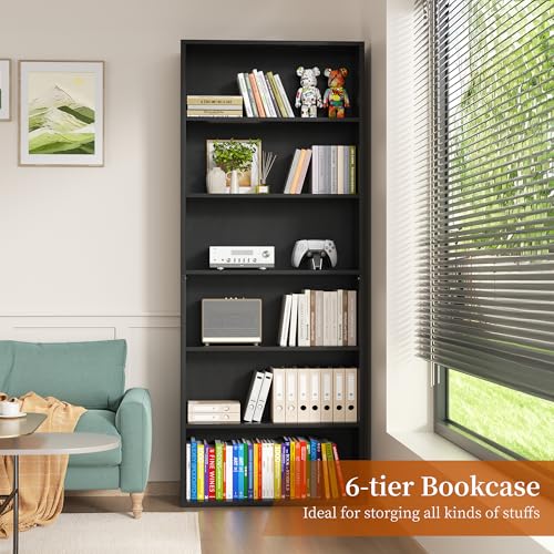 6-Tier Open Bookcase and Bookshelf, Floor Standing Wood Display Storage Shelves 71 Inch Tall Bookcase Home Decor Furniture for Home Office, Living Room, Bed Room, Black