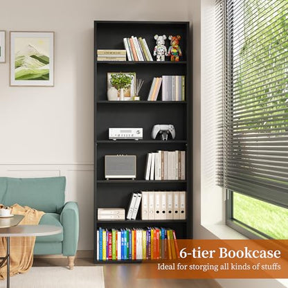 6-Tier Open Bookcase and Bookshelf, Floor Standing Wood Display Storage Shelves 71 Inch Tall Bookcase Home Decor Furniture for Home Office, Living Room, Bed Room, Black