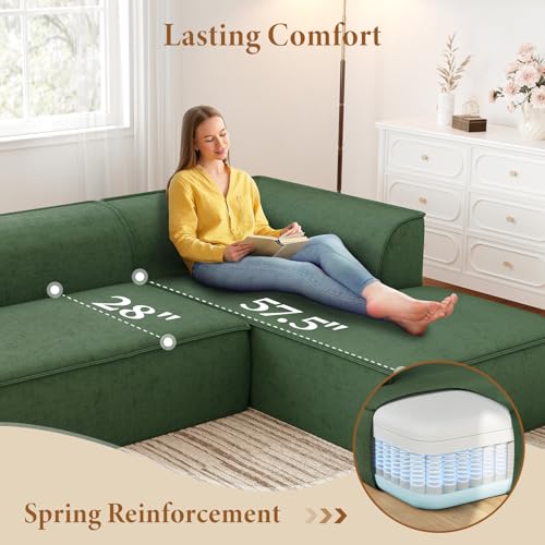 106" Cloud Sectional Couch with Chaise, Deep Seat Modular Sectional Sofa Chenille Memory Foam Sofa Boneless Couches for Living Room Bedroom, No Assembly Required (Green, Right-Facing Chaise)