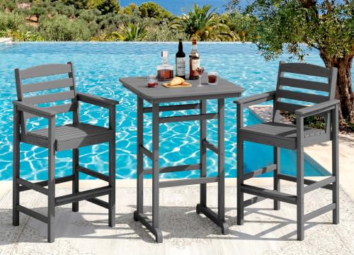 3 Pcs HDPE Bar Height Adirondack Chairs and Bar Table Set, Grey, view 2