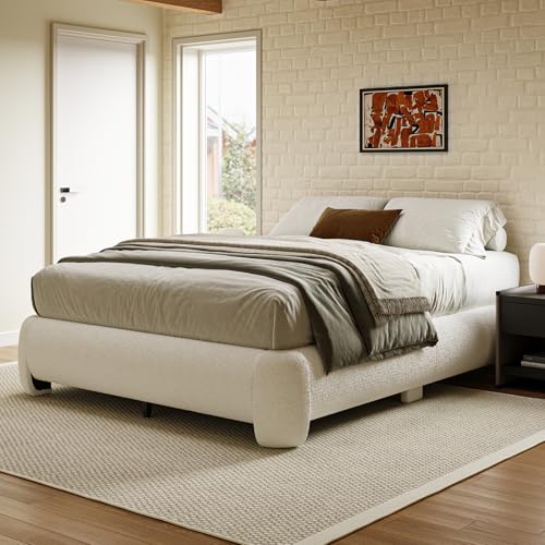 Cloud Platform Bed Frame Queen Size, Soft Boucle Bed Frame with Round Corner, view 2