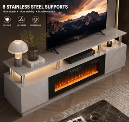 70" TV Stand for Living Room, Entertainment Center with Storage Cabinet, Fits TVs up to 80", Modern Media Console with Shelves, 36" Electric Fireplace (Grey+Black)