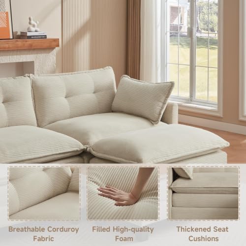 111.5" U Shaped Modular Sectional Sofa, Beige Corduroy | Cloud Couch for Living Room, 3 Seater Deep Seat Convertible Sleeper Sofa with 2 Movable Ottomans and 2 Leg Height Options