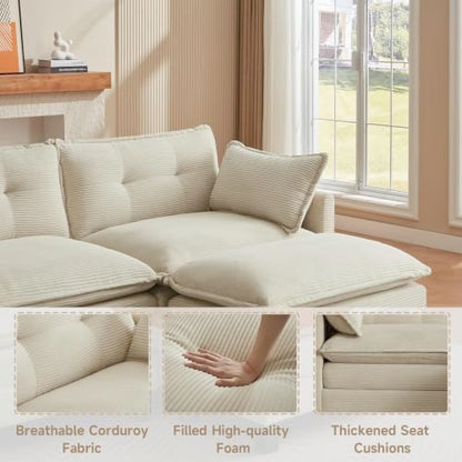 111.5" U Shaped Modular Sectional Sofa, Beige Corduroy | Cloud Couch for Living Room, 3 Seater Deep Seat Convertible Sleeper Sofa with 2 Movable Ottomans and 2 Leg Height Options