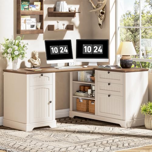 Farmhouse L Shaped Desk with Drawers, Corner Computer Desk for Home Office, view 4