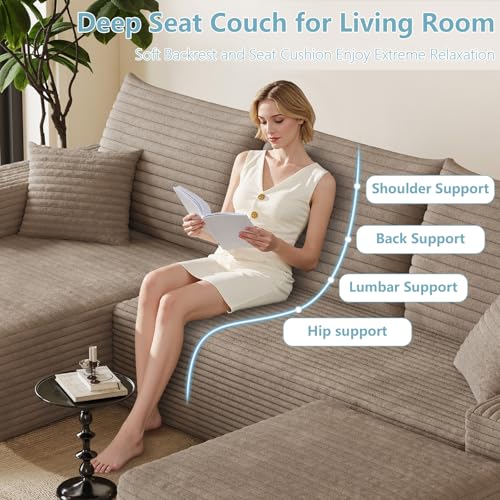 95" Cloud Sectional Couch with Ottoman,Modern U-Shaped Cloud Couch with Deep Seat,Comfy Corduroy 3-Seater Sofa,Memory Foam Sofa for Living Room,No Assembly (Camel,Left-Facing Chaise)