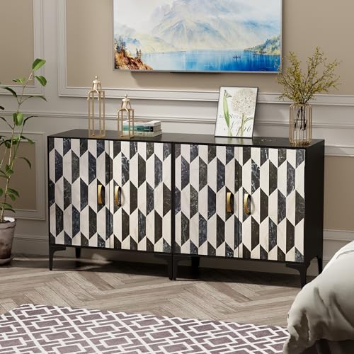 Marble Buffet Cabinbet 2 Pieces with Storage Sideboard Faux Marble Doors Buffet, view 6