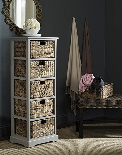 SAFAVIEH Furniture - Vedette 5-Basket Storage Tower - Vintage Grey - Solid Wood - Coastal Basket Tower Design - Ideal for Entryway, Living Room, 17.5"W x 13.5"D x 46"H - Fully Assembled (AMH5739D)