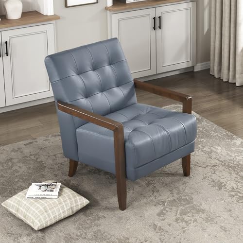 Modern Accent Chair, Luxury Genuine Leather Match Living Room Chair with Tufted Cushions, Solid Wood Frame and Arm Rest, Comfy Upholstered Single Seat for Bedroom/Reading/Office, Blue