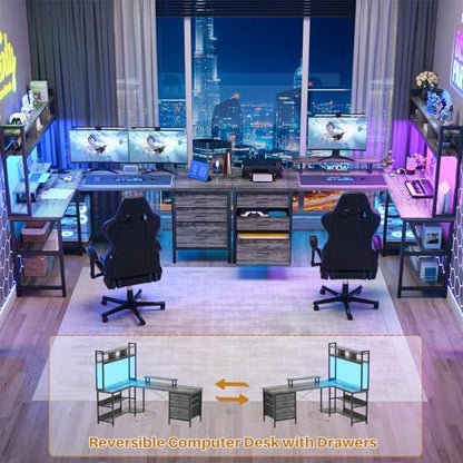L Shaped Desk with Hutch, Gaming Desk with Led Lights, Reversible Computer Desk with Power Outlet, Corner Desk with File Drawer & Monitor Stand, Storage Shelves for Home Office, Black Oak