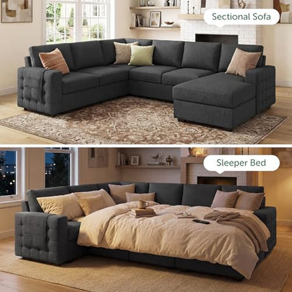 Sectional Sleeper Sofa with Pull-Out Bed Storage Chaise, 6 Seater Couch for Living Room, Dark Grey