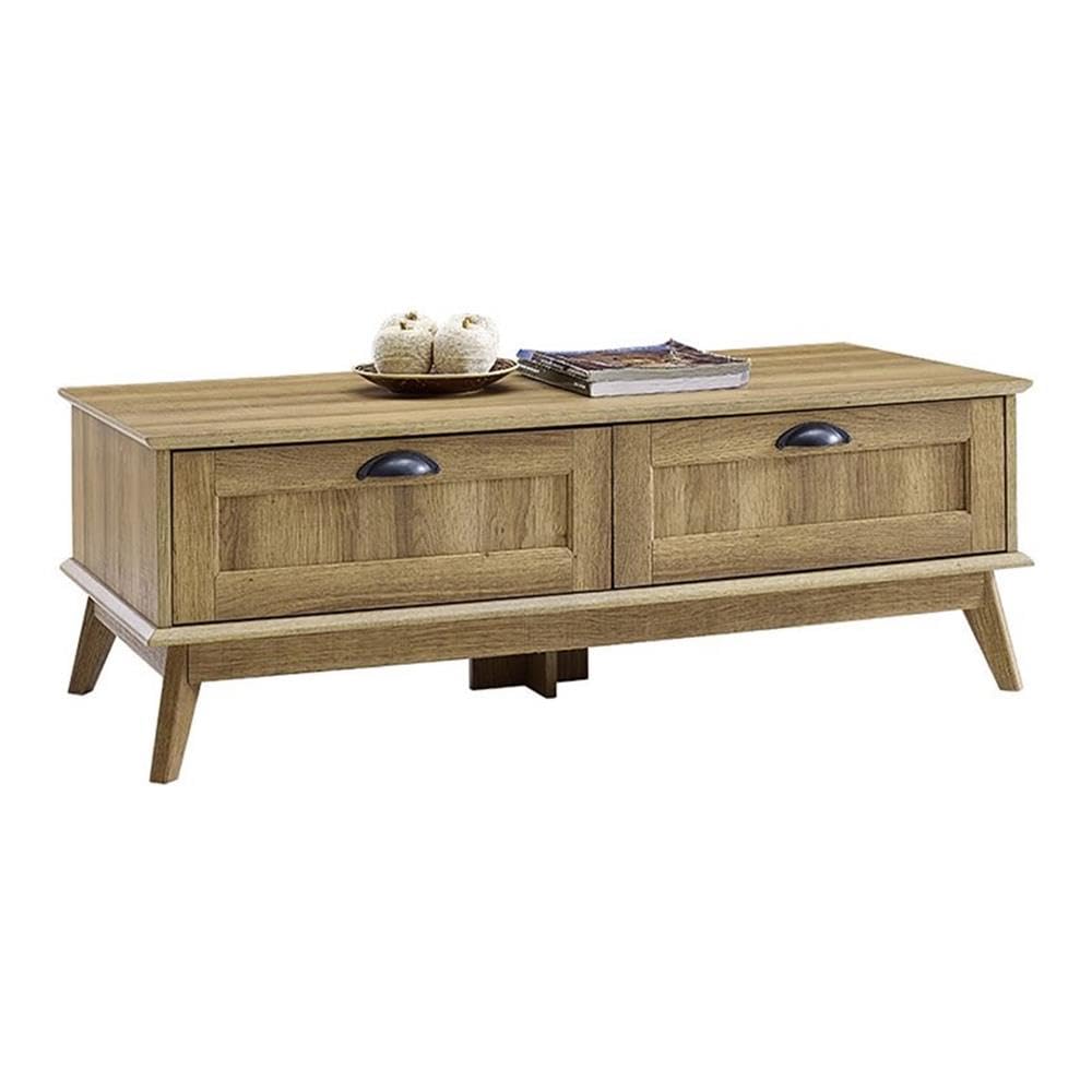 Eden Home Coffee Table, 45.3 in Length, Metal and Engineered Wood, Golden Oak Finish, 2 Drawers, Scandinavian Style, Easy-Clean Living Room Center Table with Storage
