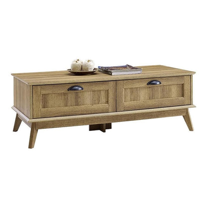 Eden Home Coffee Table, 45.3 in Length, Metal and Engineered Wood, Golden Oak Finish, 2 Drawers, Scandinavian Style, Easy-Clean Living Room Center Table with Storage
