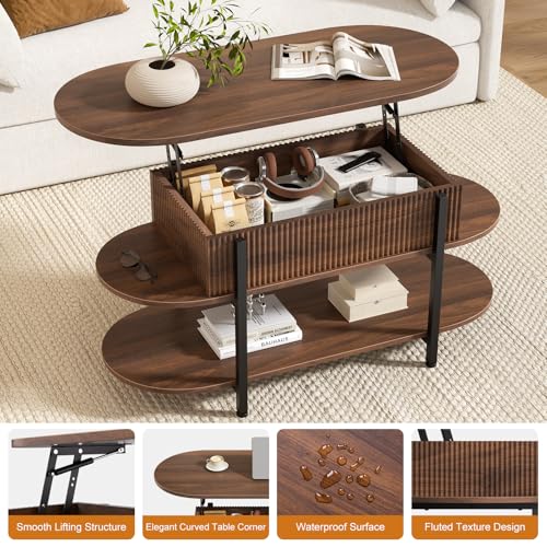 41.7" Fluted Oval Lift Top Coffee Table with Hidden Storage, Walnut | Fluted Wood Center Table, 3 Tier Small Tables with Curved Edge, Modern Narrow Coffee Table for Living Room Reception Room
