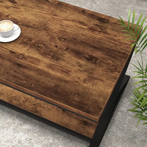 Wood Coffee Table with Storage, Farmhouse Rustic Brown Coffee Table for Living Room, Modern Minimalist 2 Tier Center Table, Simple Rectangle Cocktail Tea Table in Home Office Bedroom, 39 Inch