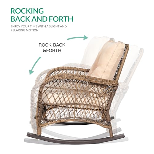Outdoor Wicker Rocking Chair, Patio Rattan Rocker Chair with Cushions & Steel Frame, All-Weather Rocking Lawn Wicker Furniture for Garden Backyard Porch (Beige)