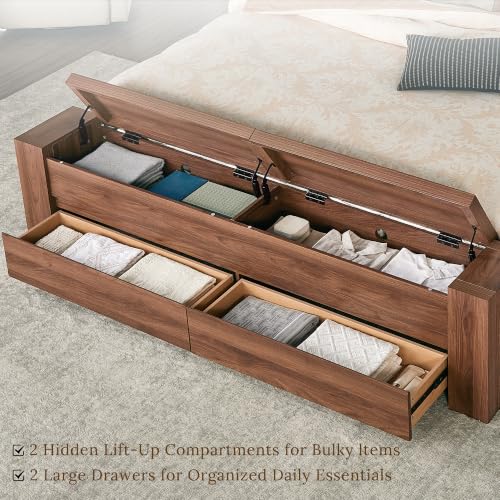 King Bed Frame with Headboard and Footboard Storage Bench,Light Walnut, view 5