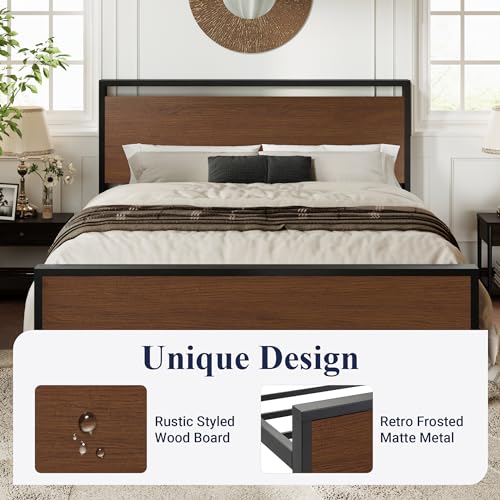 Full Size Bed Frame, Heavy Duty 12 Metal Slats Support, Walnut, view 5