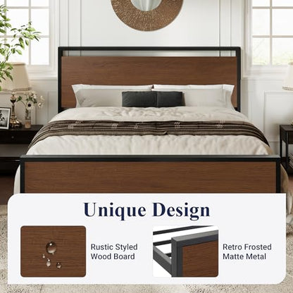 Full Size Bed Frame, Heavy Duty 12 Metal Slats Support, Walnut, view 5