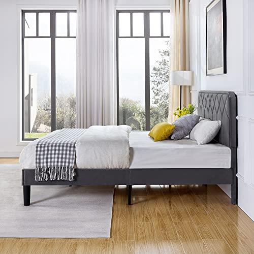 Queen Size Bed Frame, Velvet Upholstered Platform with Adjustable Headboard, view 8