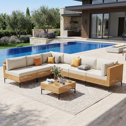 Patio Furniture Set 7 Piece Large Modular Outdoor Sectional Free Combination Outdoor Furniture with Thick Cushion All Weather Wicker Boho Patio Conversation Sets for Porch, Deck