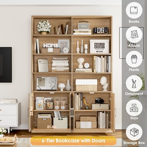 Bookshelf and Bookcase with Doors, 6 Tier Double Wide Large Bookshelves, Open Display Shelves, 73'' Tall Bookshelf with Storage Cabinets for Home Office, Living Room, Library, Oak