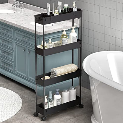 Slim Storage Cart 4 Tier,Bathroom Organizer Rolling Utility,Mobile Shelving Unit Slide Out for Office, Kitchen, Laundry Room & Narrow Places,Black