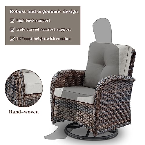Patio Furniture Swivel Glider PE Wicker Chairs, Outdoor Swivel Rocker Seating with Cushions for Porch Deck Balcony, Brown/Beige