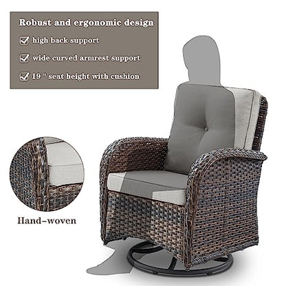 Patio Furniture Swivel Glider PE Wicker Chairs, Outdoor Swivel Rocker Seating with Cushions for Porch Deck Balcony, Brown/Beige