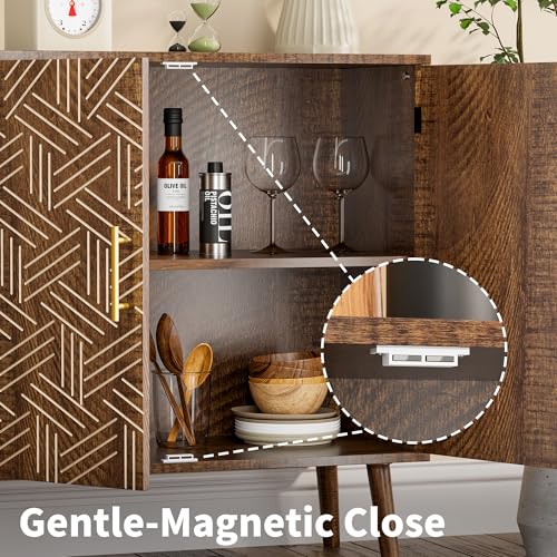 Mid Century Modern Buffet Sideboard Cabinet, Freestanding Wood Storage Cabinet with Magnetic Doors and Adjustable Shelves, Buffet Cabinet for Dining Room Living Room Entryway, Brown