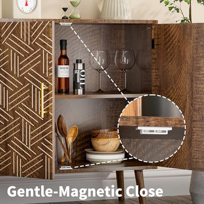 Mid Century Modern Buffet Sideboard Cabinet, Freestanding Wood Storage Cabinet with Magnetic Doors and Adjustable Shelves, Buffet Cabinet for Dining Room Living Room Entryway, Brown