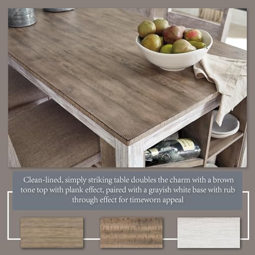 Signature Design by Ashley Skempton 3 Piece Counter Height Dining Set, Includes Table and 2 Barstools, Cushioned Seats, Wood, Whitewash