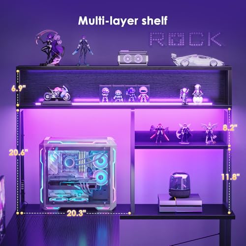 59 Inch L Shaped Gaming Desk with Display Shelves, LED Lights, Black, view 5