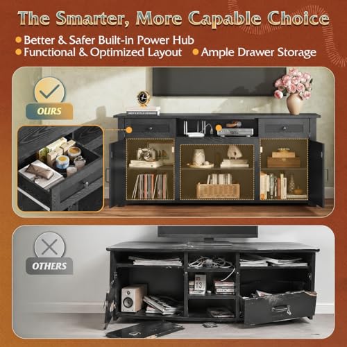 TV Stand for 75/70 Inch TV, Entertainment Center with Storage & Power Outlet, Farmhouse Media Console Cabinet with Drawers and Adjustable Shelves for Living Room, Black