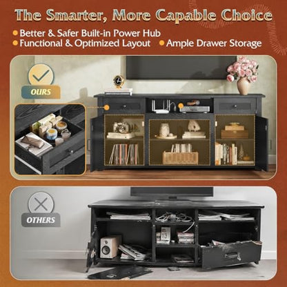 TV Stand for 75/70 Inch TV, Entertainment Center with Storage & Power Outlet, Farmhouse Media Console Cabinet with Drawers and Adjustable Shelves for Living Room, Black