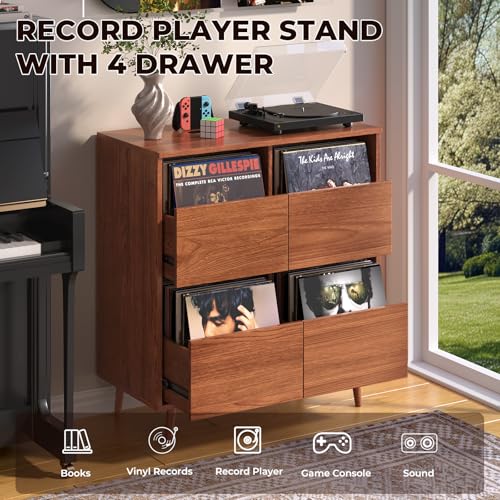 Record Player Stand with Vinyl Storage, Mid-Century, Brown, view 4