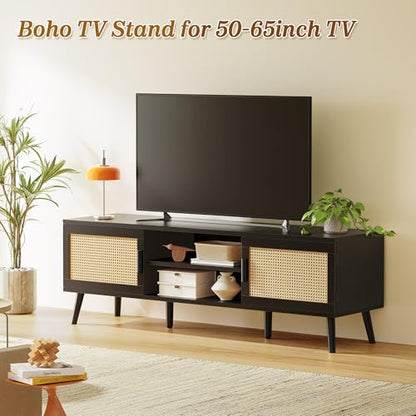 TV Stand for 65 Inch TV, Entertainment Center with Adjustable Shelf, Rattan TV Console with 2 Cabinets, Media Console, Solid Wood Feet, 4 Cord Holes, for Living Room, Black