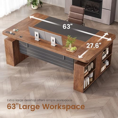 63" Executive Standing Desk with Storage, Executive Height Adjustable Desk with Power Outlets, Large Computer Office Desk with Privacy Panel for Home Office, Warm Golden Brown