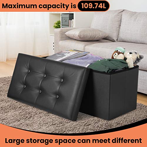 Ottoman Bench with Storage - 30x15x15in Folding Leather Ottoman, Rectangle Foot Stool Foldable Storage Chest Footrest Footstool Collapsible with Lid for Bedroom Living Room Pure Black