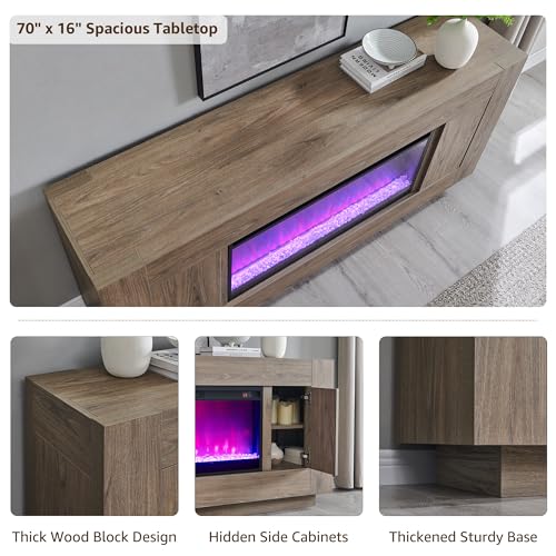 70" Fireplace TV Stand for 80" TV, Thick Block Media Console,Alder Grey, view 5