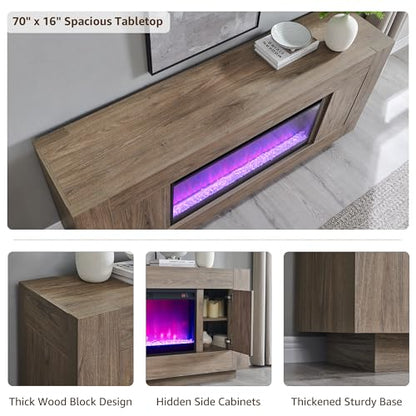 70" Fireplace TV Stand for 80" TV, Thick Block Media Console,Alder Grey, view 5