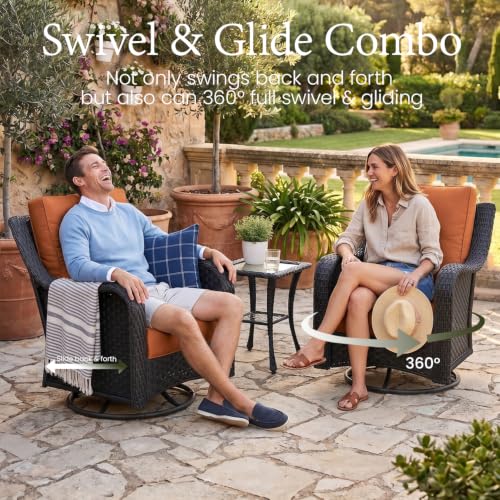 6 Piece Wicker Outdoor Furniture Set with 6-inch Comfy Cushions, High Back Patio Furniture Set with Swivel Rocking Chairs and Side Table
