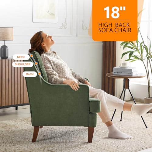 Mid-Century Modern Accent Chairs Set of 2, Green Upholstered Armchair Comfy Sofa Chairs Reading Chair High Back for Living Room Bedroom Furniture Apartment