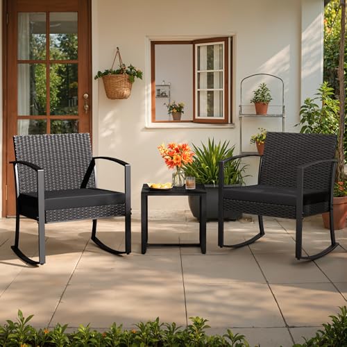 3 Pieces Outdoor Furniture Set Patio Bistro Rocking Chairs with Glass Coffee Table for Pool Beach Backyard Balcony Porch Deck Garden, Black