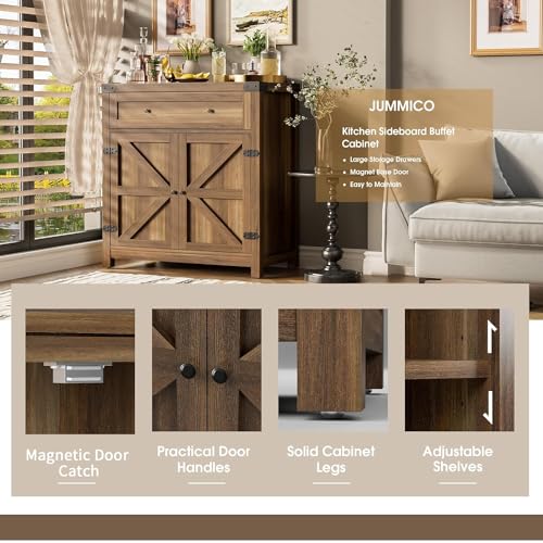 Coffee Bar Cabinet Farmhouse Kitchen Sideboard Buffet Cabinet with Drawer and Adjustable Shelf Barn Door Storage for Kitchen, Dining Room, Bathroom, Entryway (Brown)